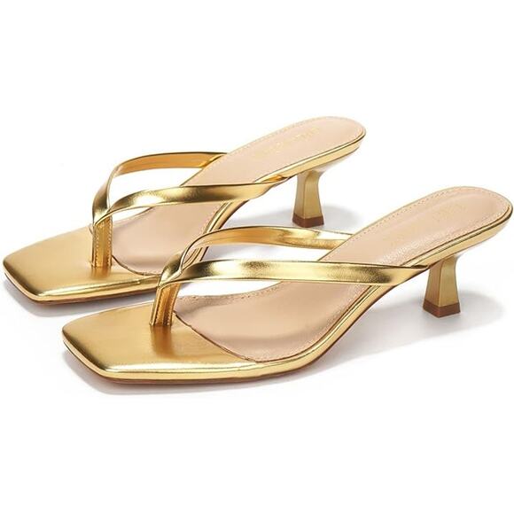 Lullasong Womens Size 10 Shiny Gold 2.5" Heel Slide On Flip Flop Sandal Shoes - Picture 2 of 7